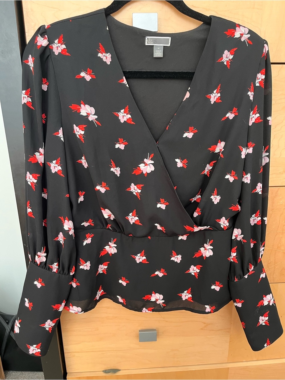 Chelsea28 Black Wrap Blouse Nordstrom with Red & Pink Floral Print